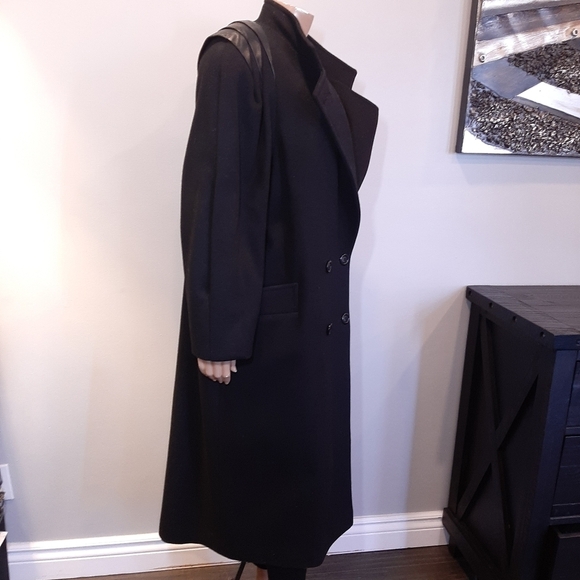 Vintage Luba Paris Pure Wool Coat Leather Double Breasted Black Oversized - Picture 9 of 15